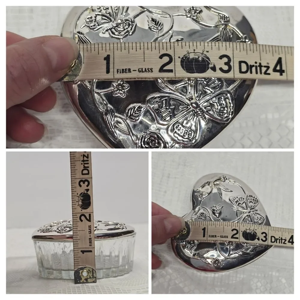 Vintage Silver Plated Butterfly Floral Lid Heart Shaped Glass Trinket Box